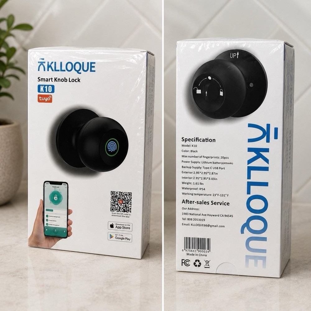 KLLOQUE K10 Smart Fingerprint Door Knob Lock Tuya App Keyless Black New